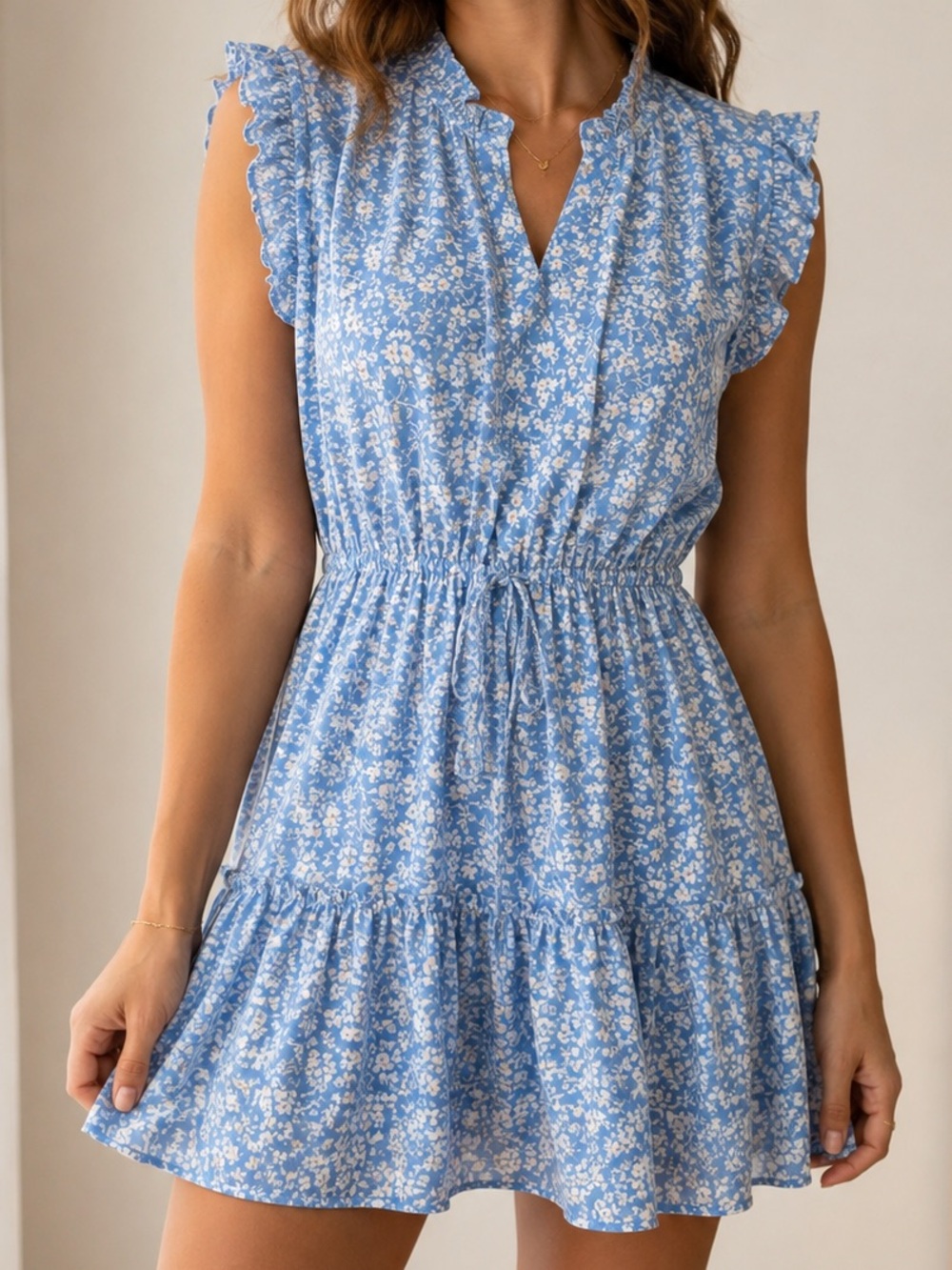 Melrose & Market Blue Floral Ruffle Mini Dress Size Medium